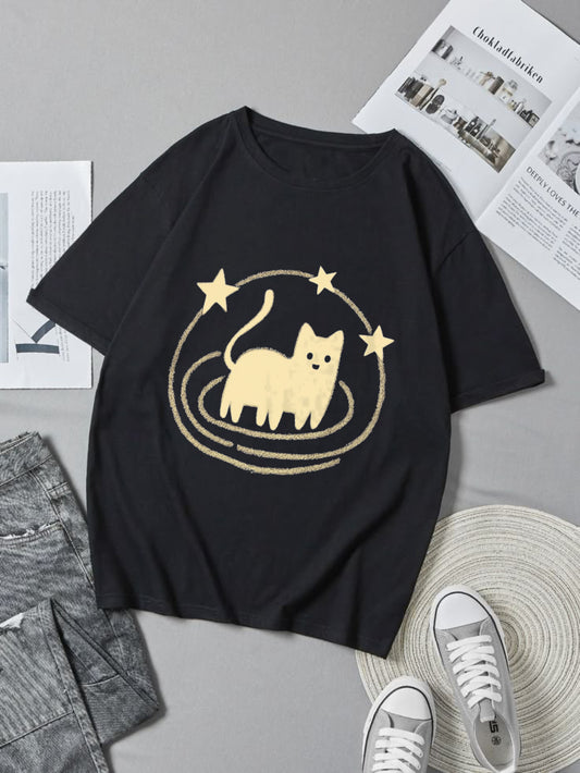 Cute cat star print T-shirt